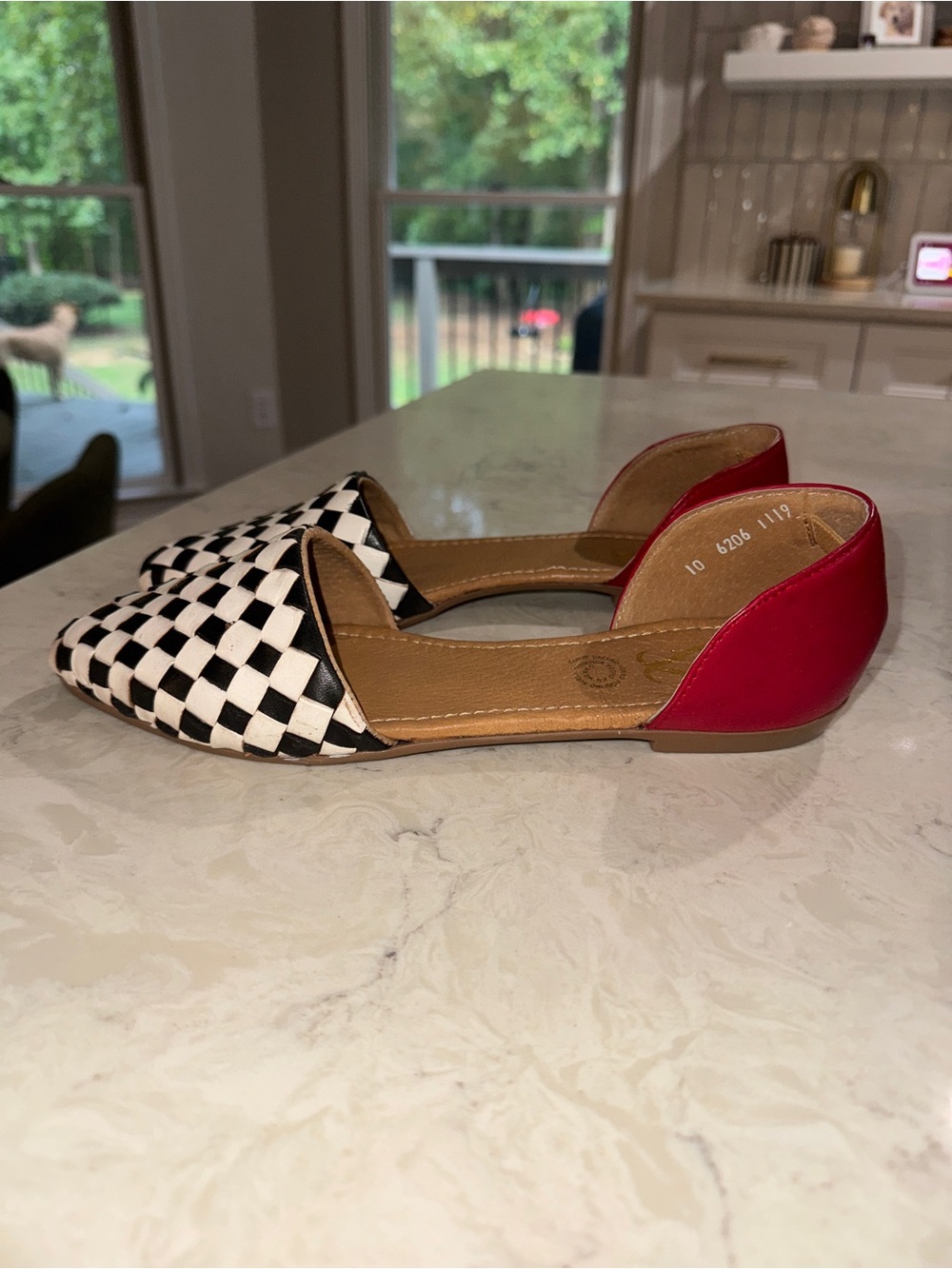 NWT Women's Black & White Checker D'Orsay Leather Flats with Red Heel